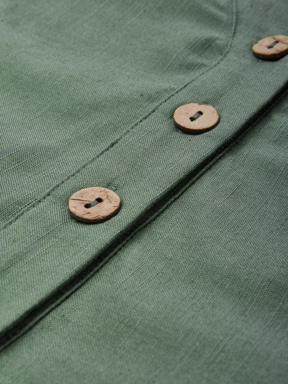 Robe midi en coton, décontractée, unie, surpiqûres de poches, col semi-ouvert, manches mi-longues, vintage, verte