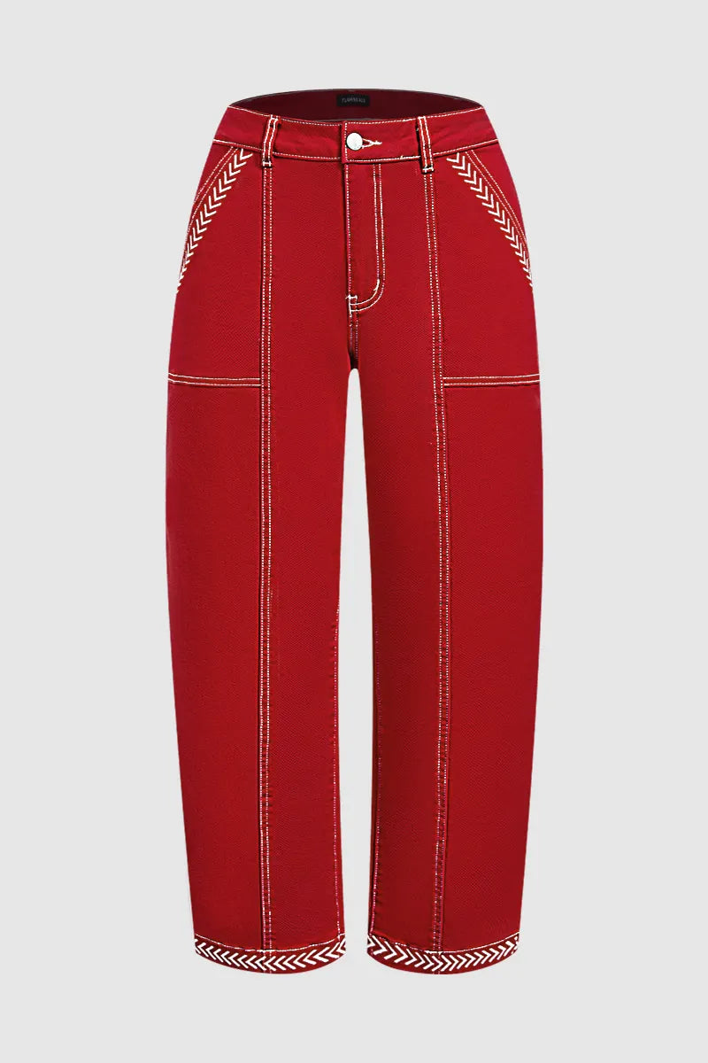 Contrast Stitch Mid Rise Barrel Leg Crop Pants