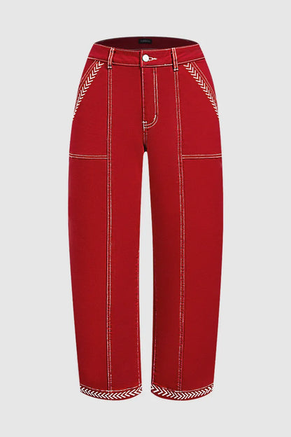 Contrast Stitch Mid Rise Barrel Leg Crop Pants