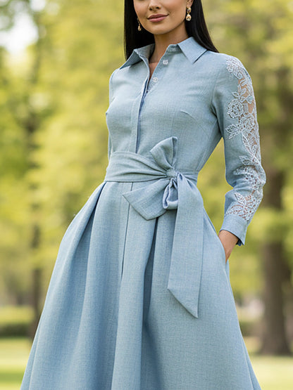 Robe longue en lin, manches longues, col châle, unie, avec ceinture, vintage, bleue