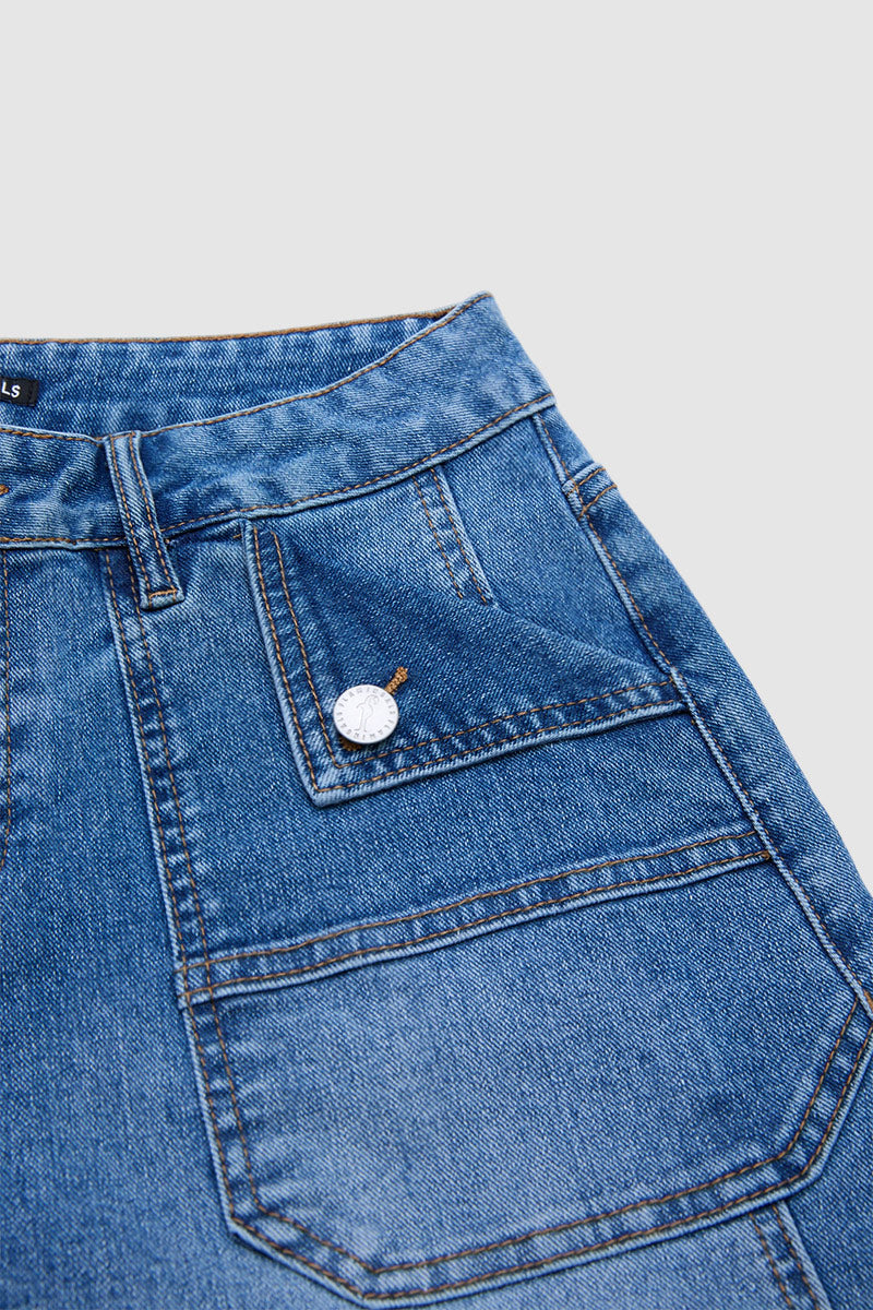 Wash Flap Decor Stitch Detail Mid Waist Denim Bermuda Shorts Without Belt