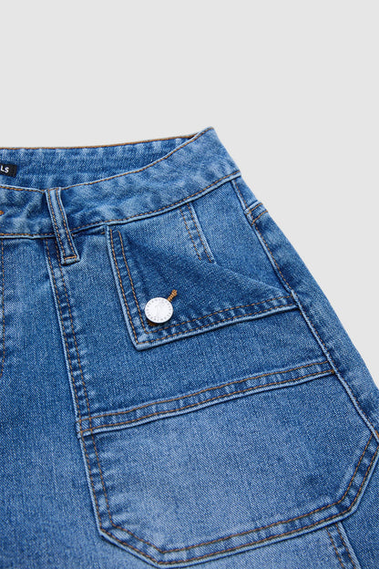 Wash Flap Decor Stitch Detail Mid Waist Denim Bermuda Shorts Without Belt