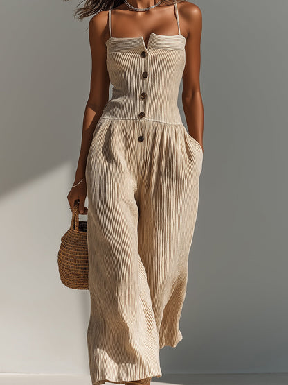 Chic Elegant Light Camel Strappy Off-The-Shoulder Button-Front Loose-Fit Wide-Leg Ribbed Knit Jumpsuit