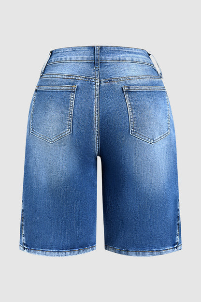 Wash Split Hollow Out Mid Waist Denim Bermuda Shorts