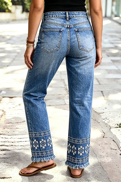 Wash Geo Embroidery Raw Hem Mid Waist Straight Leg Jeans Without Belt
