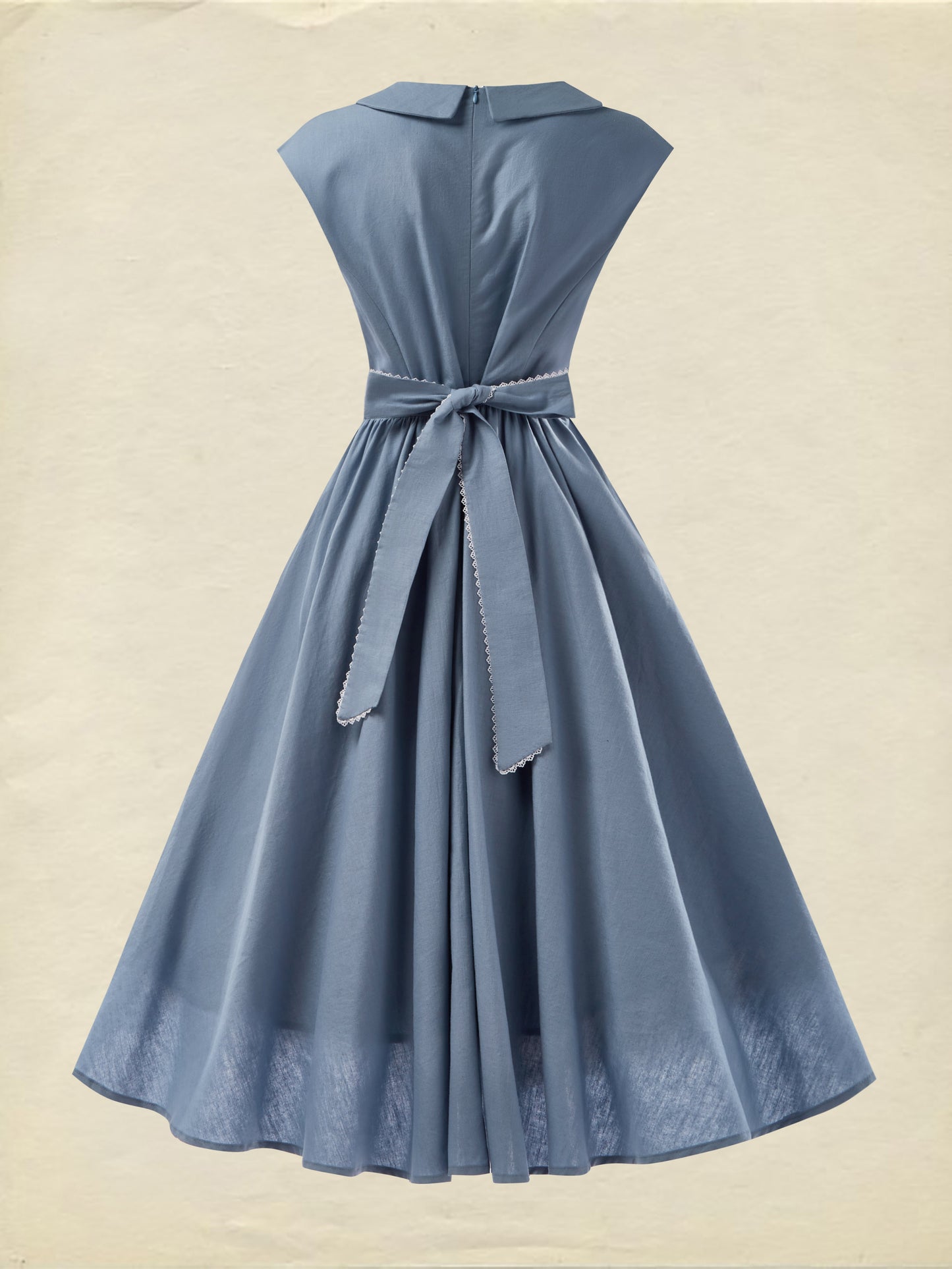 Robe Midi en Lin, Sans Manches, Col Rond, Unie, Vintage, Bleue