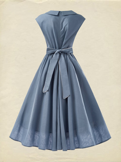 Robe Midi en Lin, Sans Manches, Col Rond, Unie, Vintage, Bleue