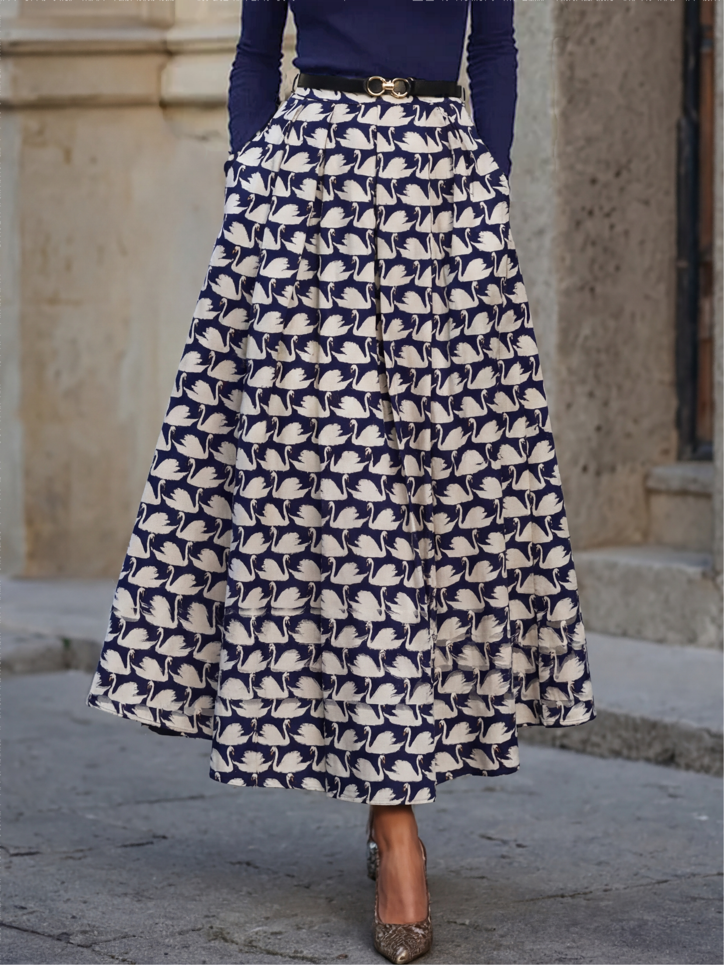 Jupe longue en coton, motif animalier, imprimé cygne, poches, vintage, bleu violacé