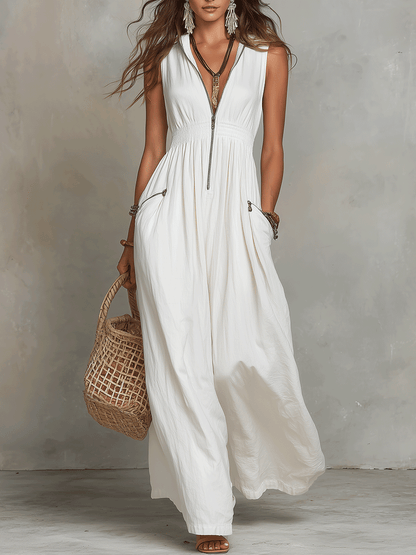 Robe longue bohème blanche zippée sur le devant