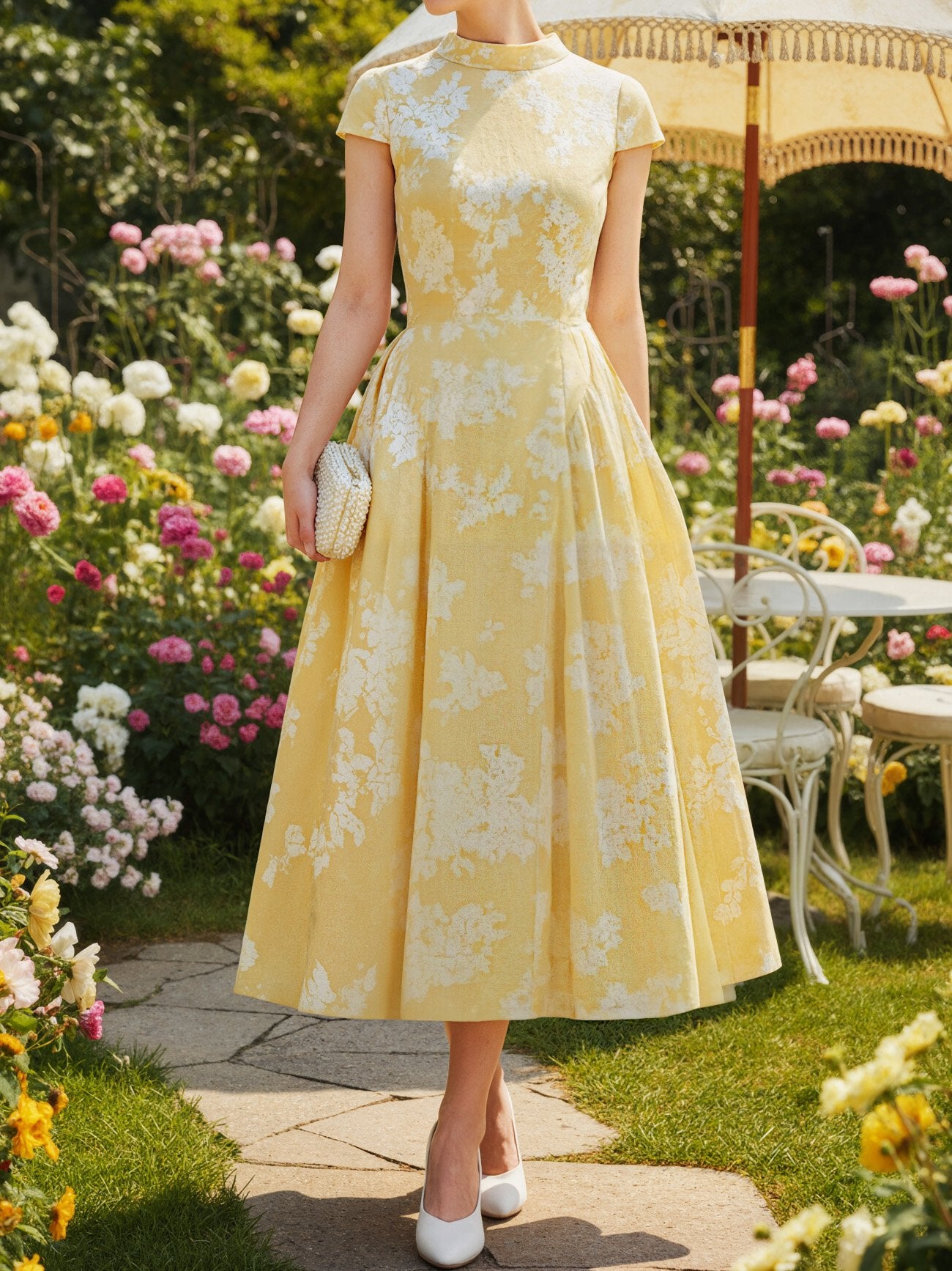 Robe midi en coton, manches courtes, à fleurs, style vintage français, jaune