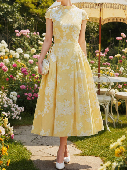 Robe midi en coton, manches courtes, à fleurs, style vintage français, jaune