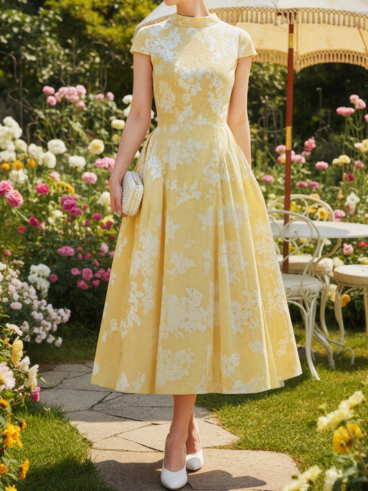 Robe midi en coton, manches courtes, à fleurs, style vintage français, jaune