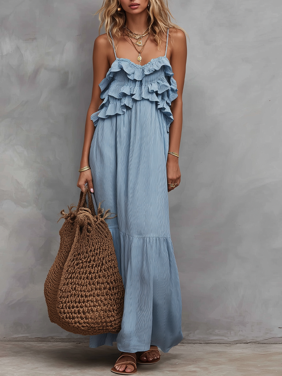 Robe longue romantique à rayures, volants et bretelles spaghetti étagées