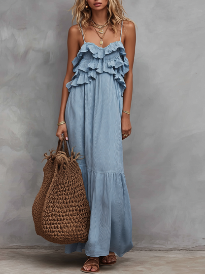 Robe longue romantique à rayures, volants et bretelles spaghetti étagées