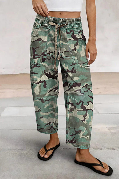 Camo Drawstring Mid Waist Barrel Leg Crop Pants