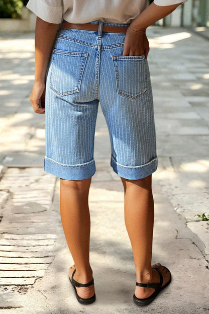 Pinstriped Raw Hem Seam Detail High Waist Denim Bermuda Shorts Without Belt