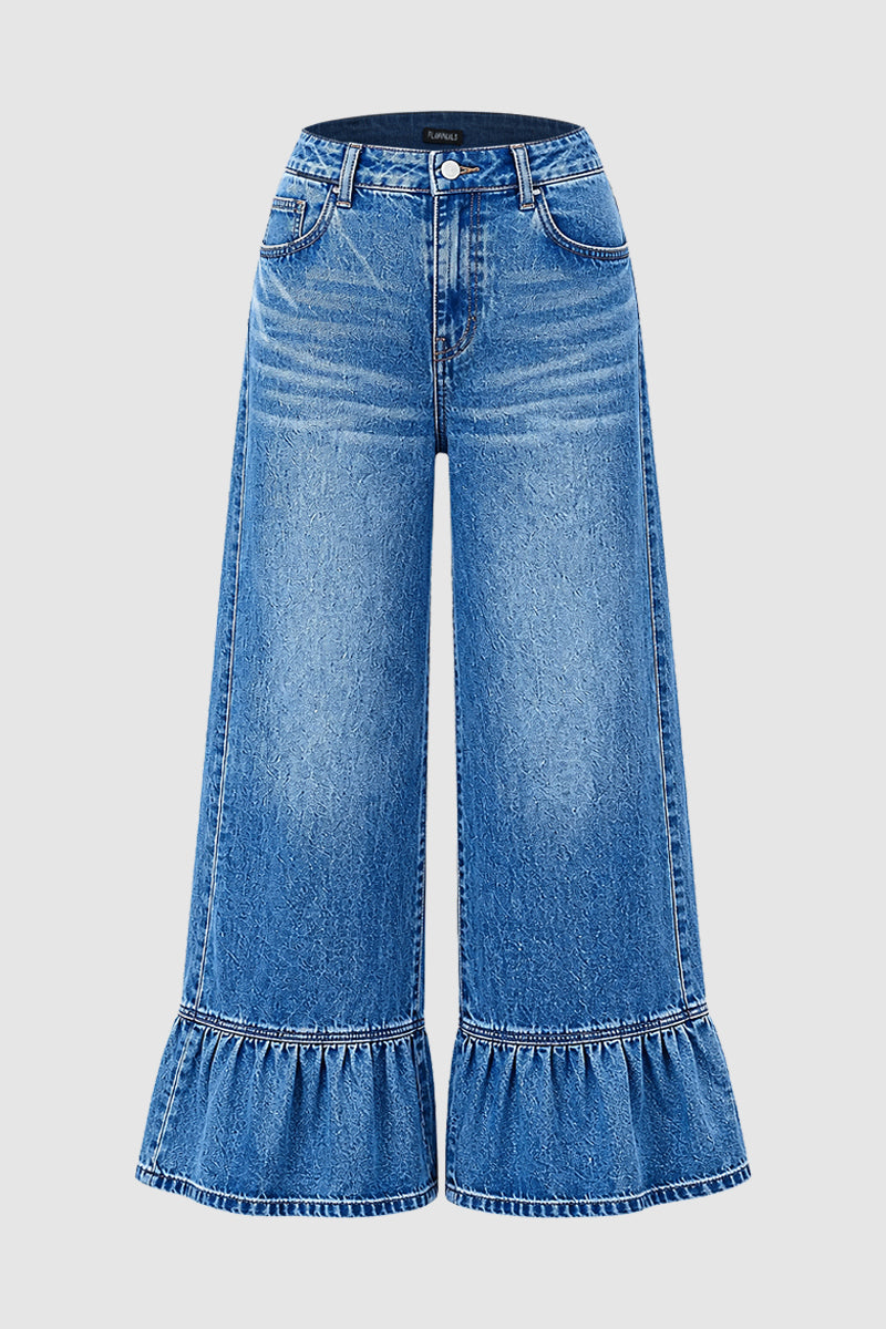 Wash Ruffle Hem High Waist Wide Leg Jeans