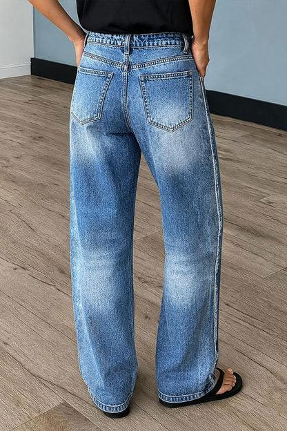 Wash Raw Seam Mid Waist Straight Leg Jeans