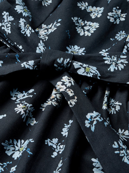 Robe longue en lin, col en V, florale, décontractée, manches courtes, bleue