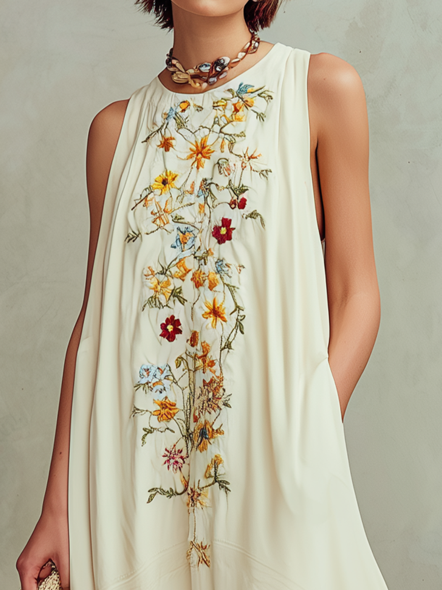 Robe longue ample sans manches, brodée de motifs floraux élégants