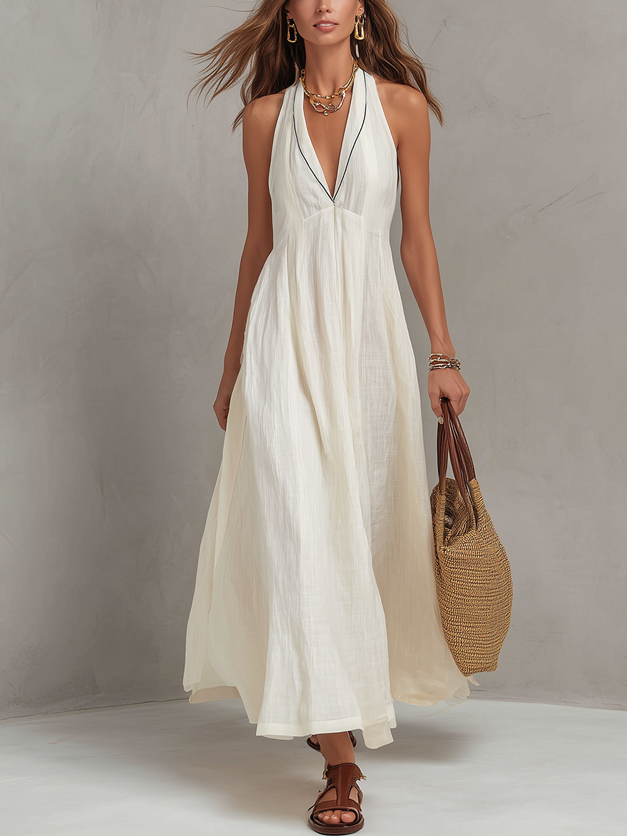 Robe longue trapèze minimaliste en lin à licou et col en V