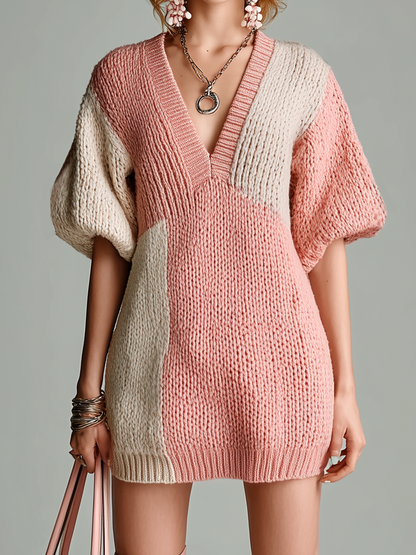 Stylish Elegant Pink V-neck Contrast Trim Short-Sleeve Loose Ribbed Knit Mini Dress