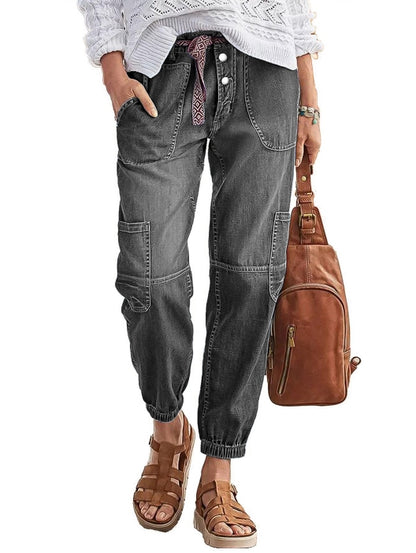 Multi Pocket Button Fly Mid Rise Straight Leg Crop Jeans Without Belt
