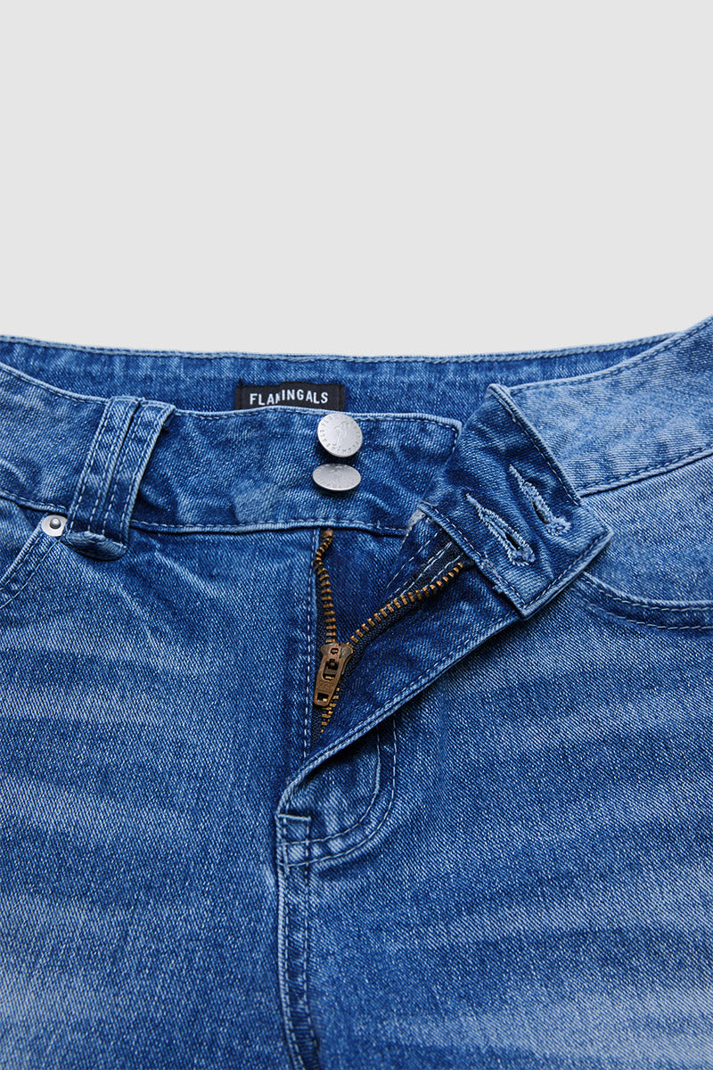 Wash Split Hem Dual Button Mid Rise Wide Leg Jeans