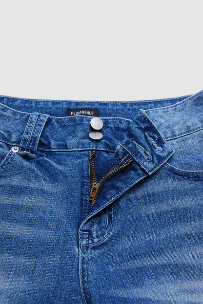 Wash Split Hem Dual Button Mid Rise Wide Leg Jeans