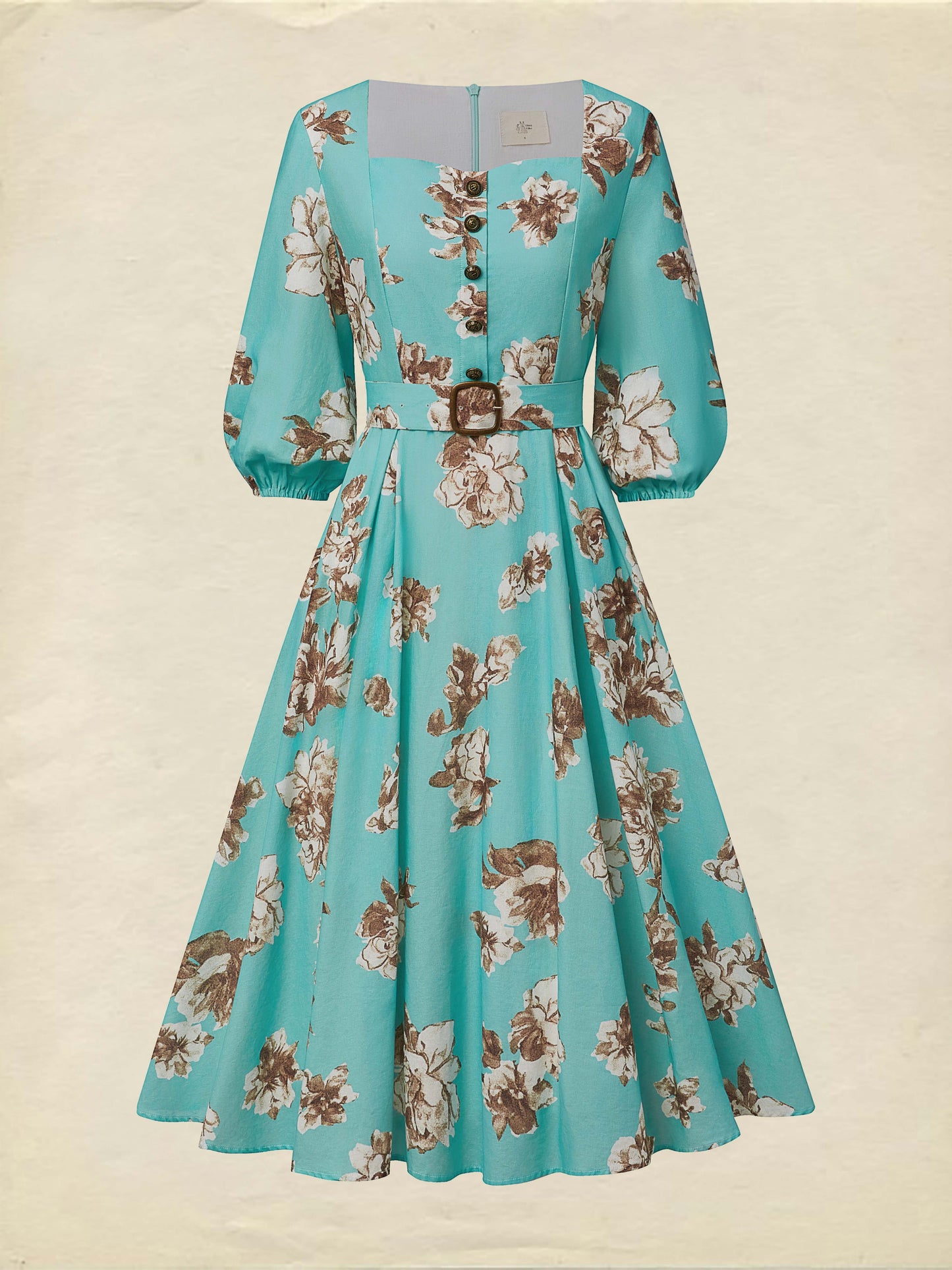 Robe midi en lin, manches courtes, col carré, motif floral, ceinture, vacances, style vintage, cyan