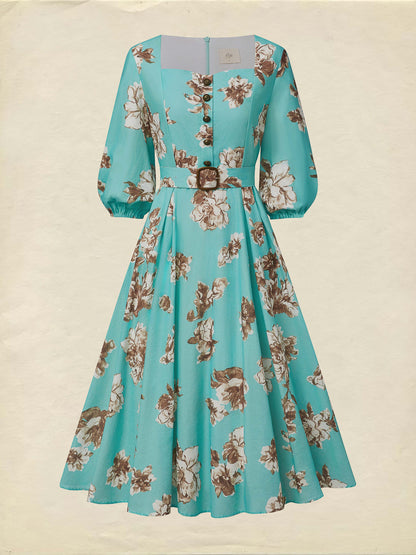 Robe midi en lin, manches courtes, col carré, motif floral, ceinture, vacances, style vintage, cyan