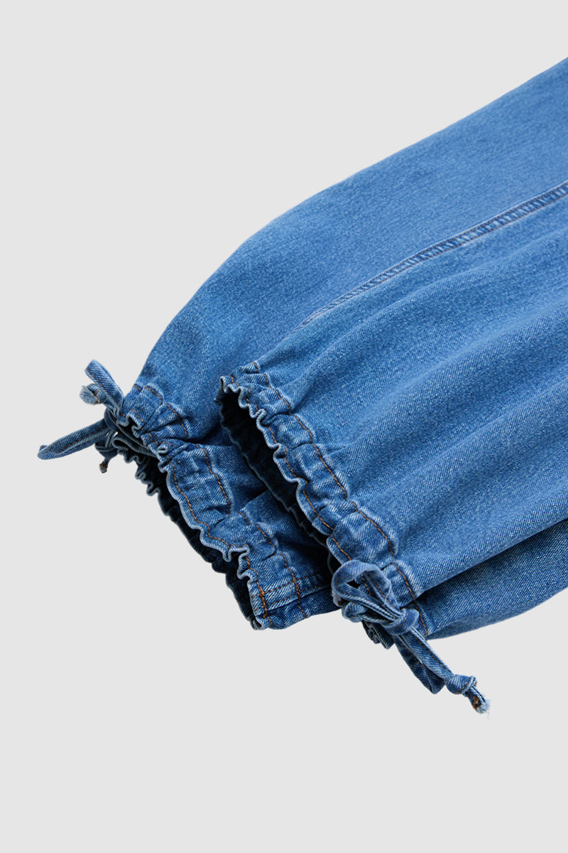 Wash Drawstring Hem Mid Rise Cropped Wide Leg Jeans