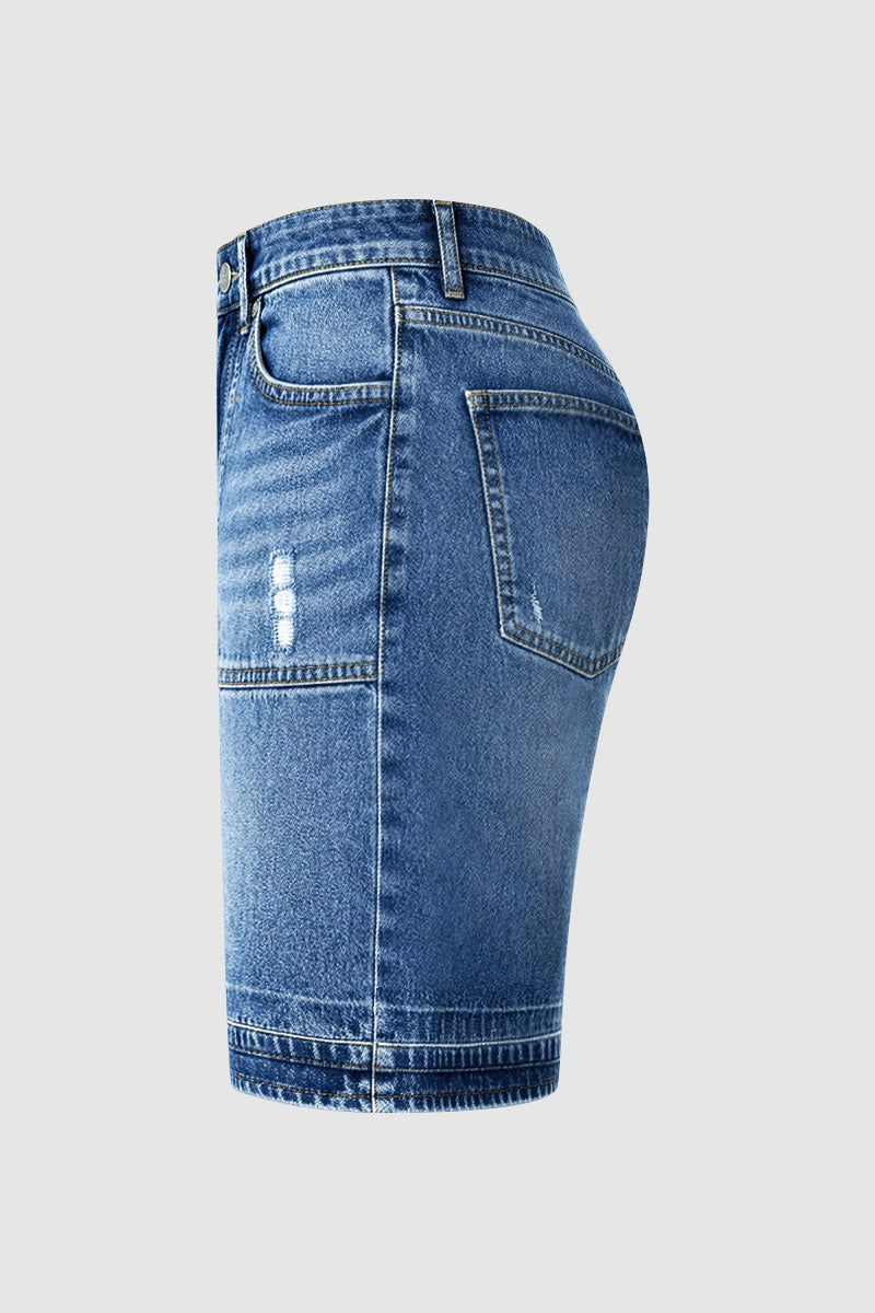 Wash Ripped Mid Waist Denim Bermuda Shorts Without Belt