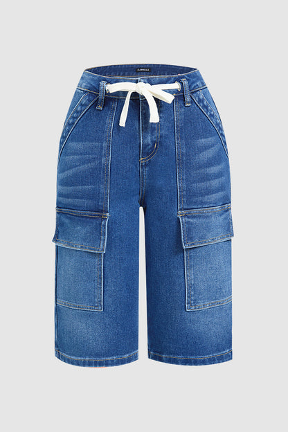 Wash Flap Pocket Drawstring Mid Rise Denim Bermuda Shorts