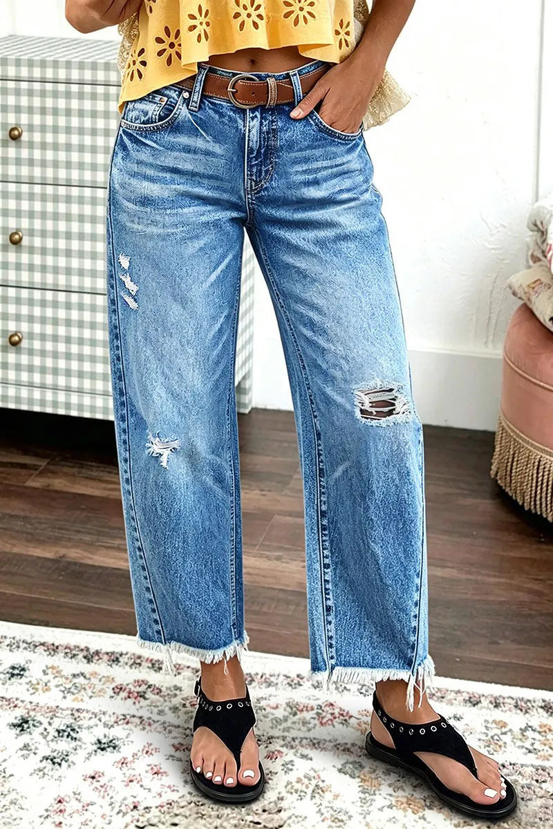Wash Raw Hem Ripped Mid Waist Straight Leg Crop Jeans Without Belt