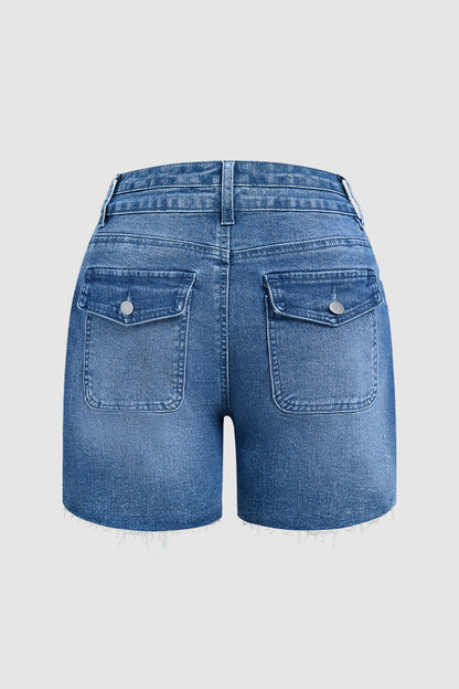 Wash Split Raw Hem Flap Pocket Mid Rise Denim Shorts