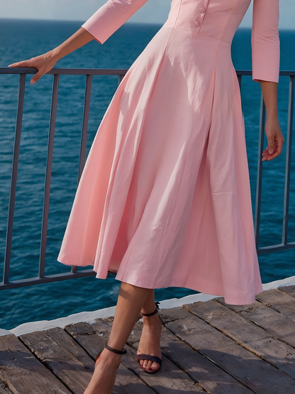 Robe midi en coton, manches courtes, col en V, unie, boutons décoratifs, style vintage français, rose