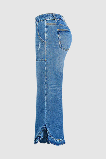 Wash Ripped Ruffle Hem High Rise Wide Leg Jeans