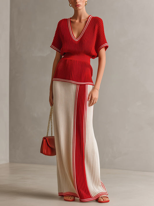 Chic Elegant Red-Beige Colorblock V-Neck Short-Sleeve Tailored-Waist Sweater Loose-Fit Maxi Skirt Ribbed Knit Two-Piece Set
