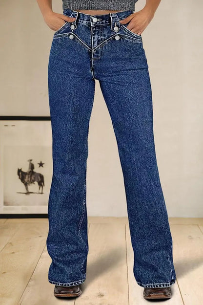 Wash Button Decor High Rise Bootcut Jeans