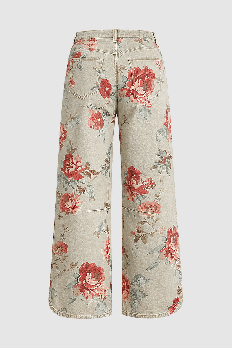 Floral Pattern Split Mid Waist Wide Leg Crop Pants Without Belt