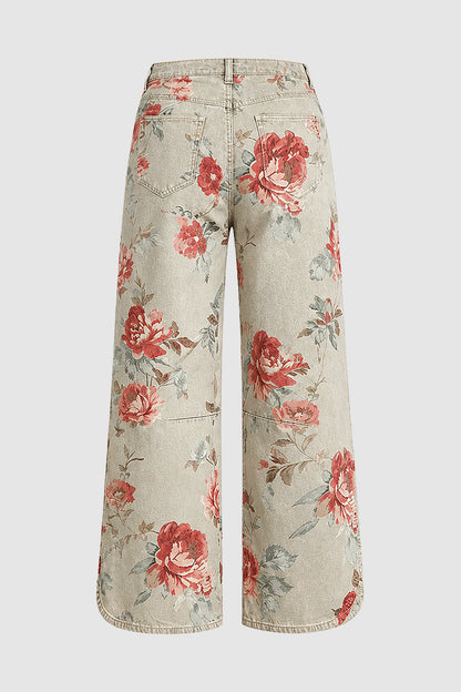Floral Pattern Split Mid Waist Wide Leg Crop Pants Without Belt