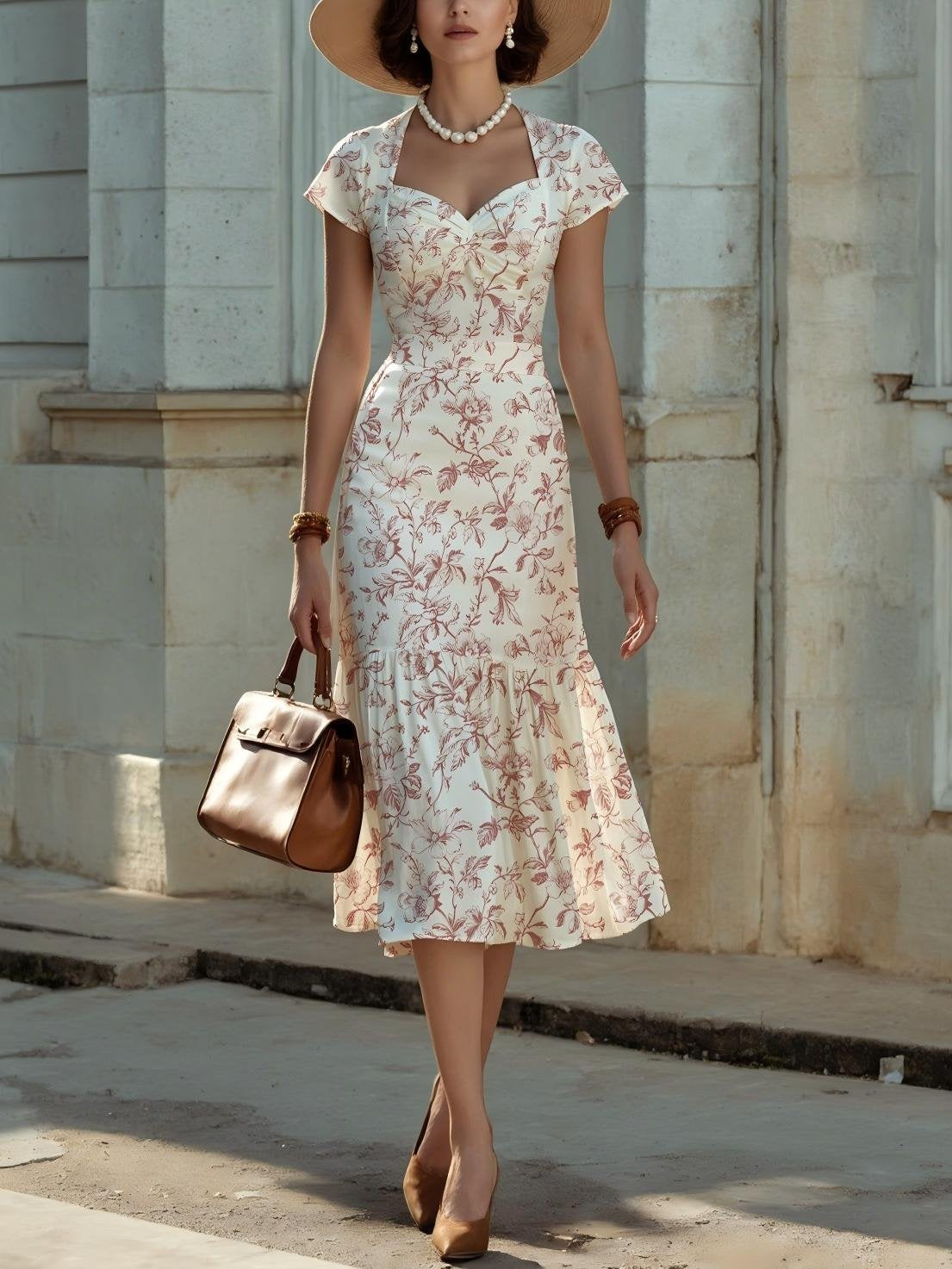 Robe midi en lin, manches courtes, encolure cœur, florale, volants, vintage, bleue