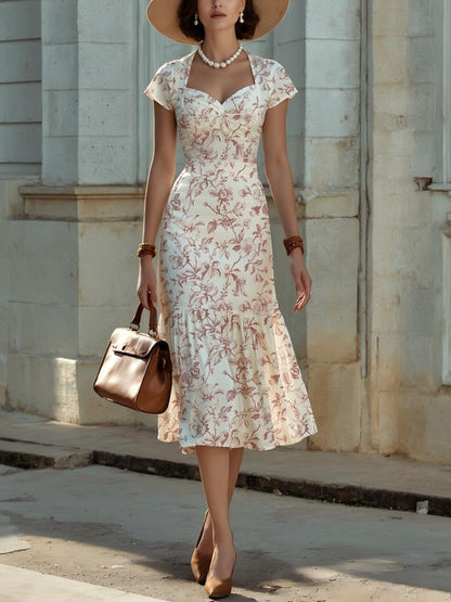 Robe midi en lin, manches courtes, encolure cœur, florale, volants, vintage, bleue
