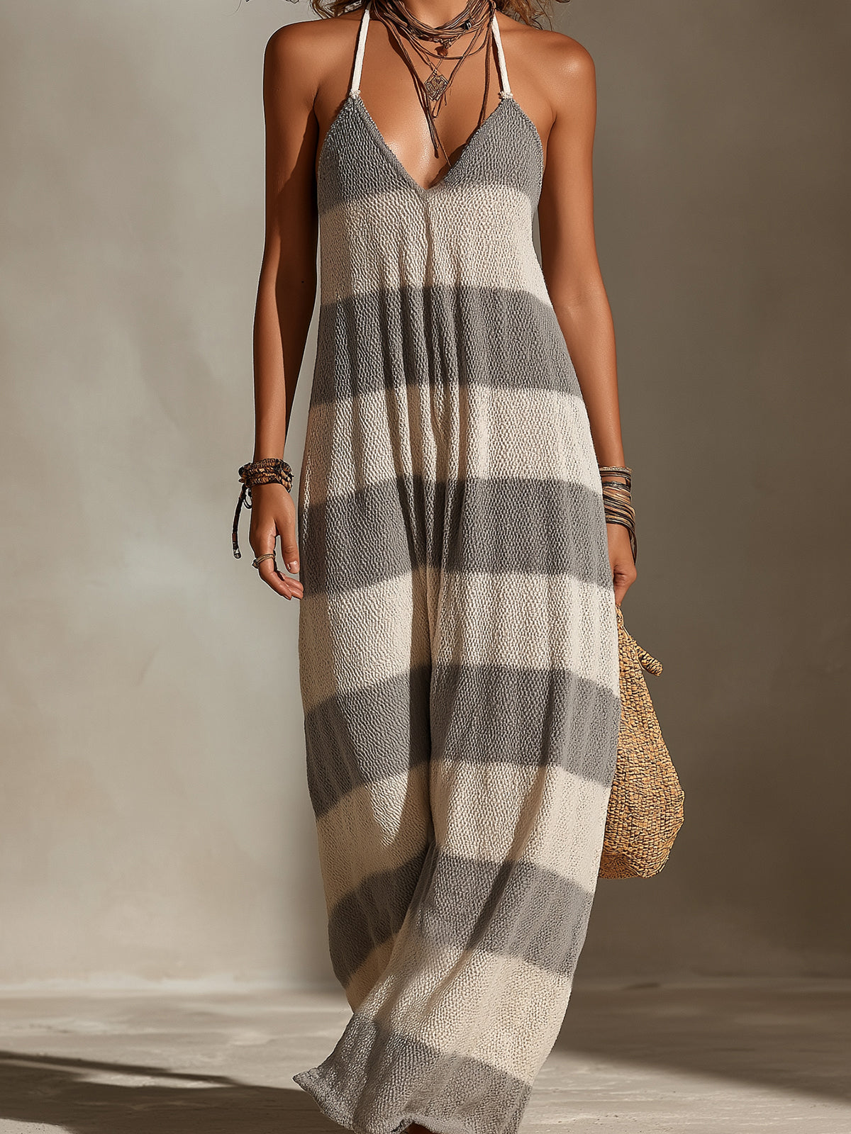 Chic Casual Gray-Beige Stripes V-Neck Strappy Sleeveless Oversize A-Line Knit Maxi Dress