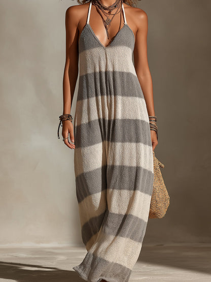 Chic Casual Gray-Beige Stripes V-Neck Strappy Sleeveless Oversize A-Line Knit Maxi Dress