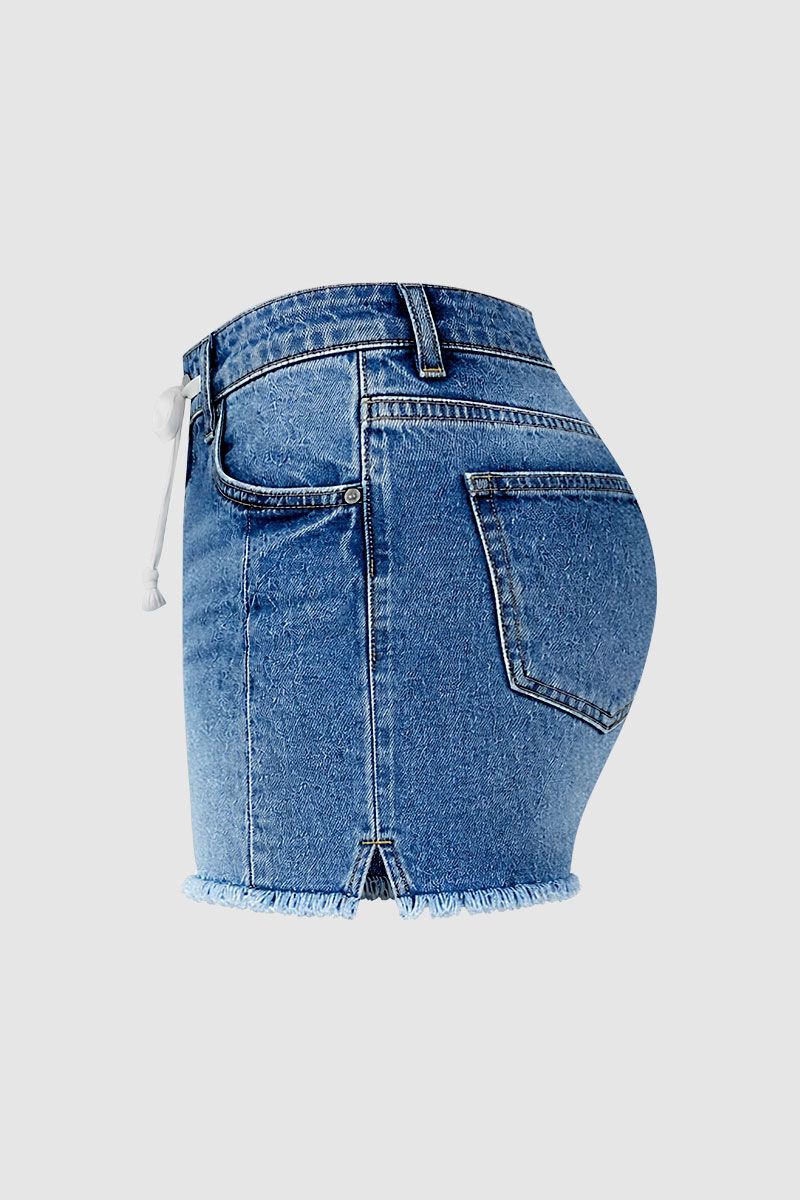 Wash Split Raw Hem Drawstring Mid Rise Denim Shorts