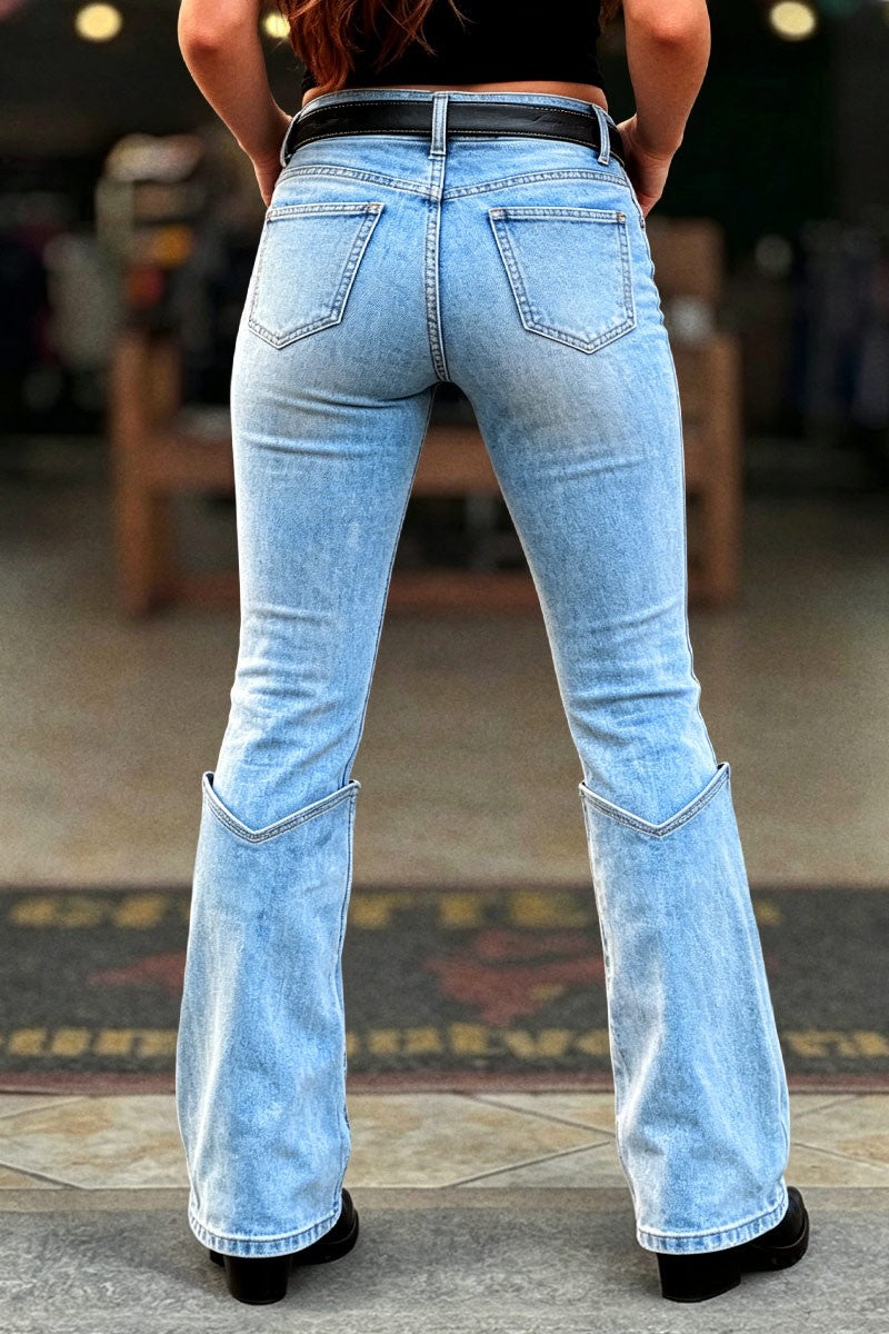 Wash Embroidery Faux Boot Cuff Mid Waist Bootcut Jeans Without Belt