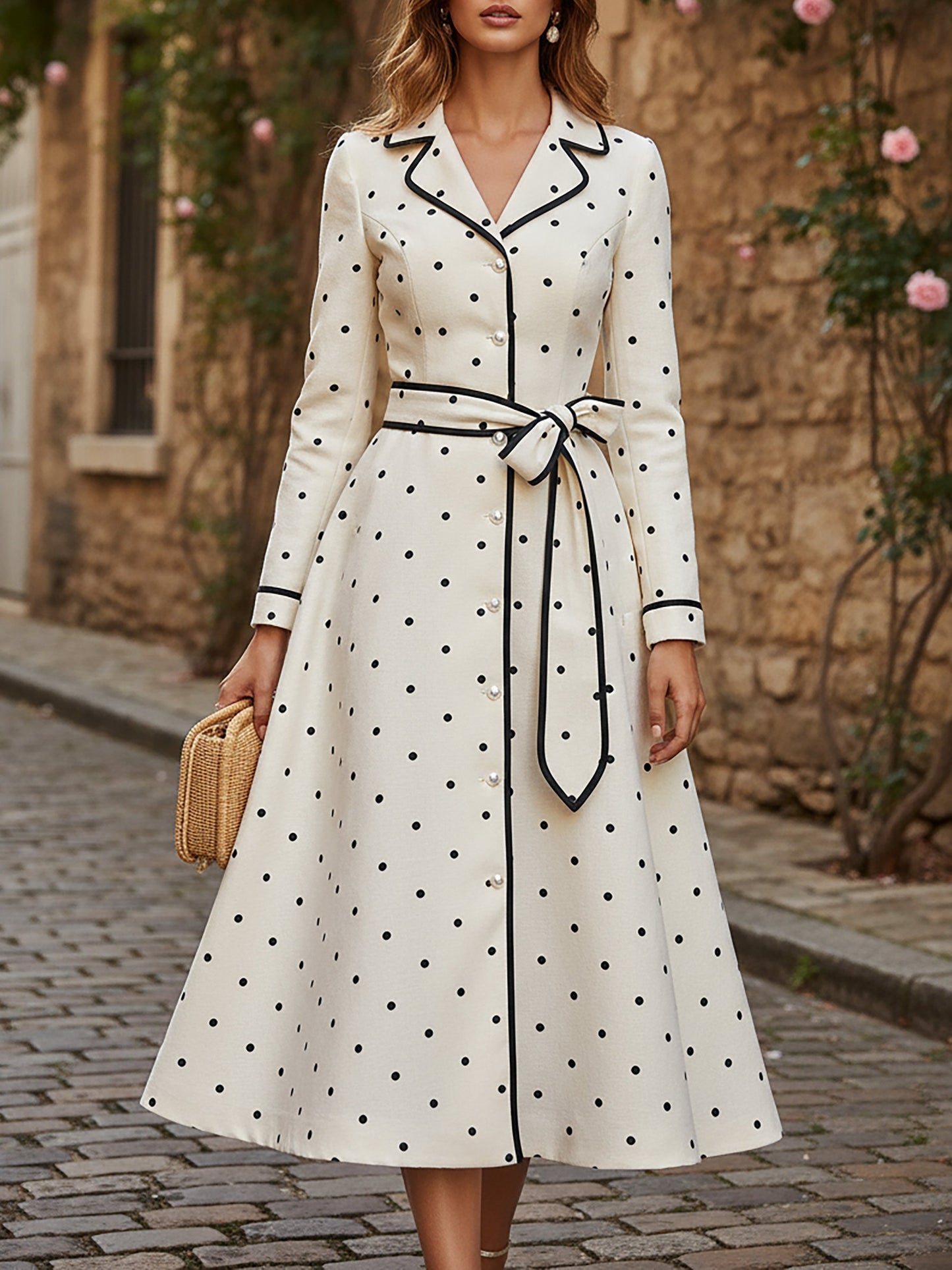 Robe midi en lin, manches longues, col à revers, pois, boutonnage, vintage, ivoire