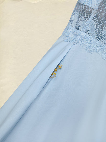 Robe longue en coton, sans manches, col en V, unie, dentelle, style vintage français, bleue